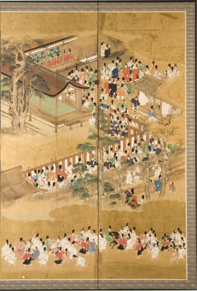 Screen: Procession of Court Nobles Celebrating a Shinto Festival (Biombo: Procesión de los nobles de la corte celebrando un festival sintoísta)