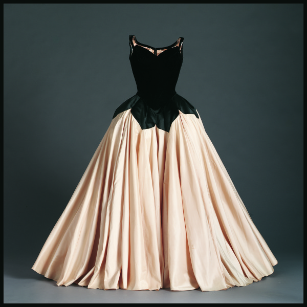 Black velvet and ivory satin ballgown with full skirt