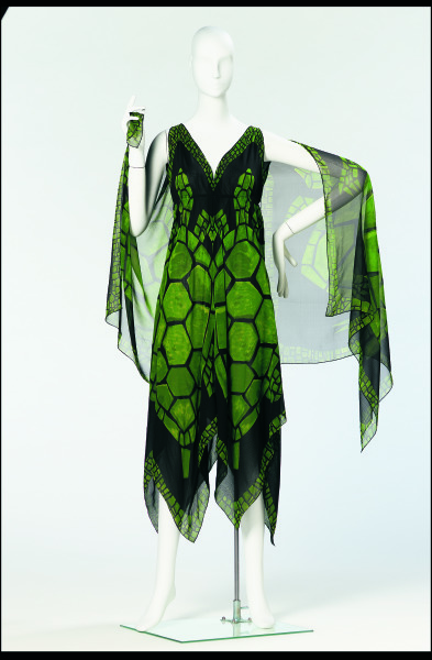 Black and green silk chiffon evening dress in a turtle pattern