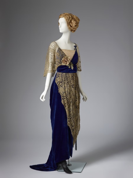 Cobalt blue silk velvet and gold lace evening gown