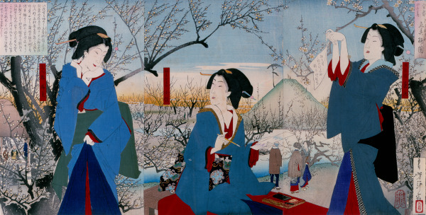 Triptych: Famous Geisha Writing Poetry on the First Day of Spring (from a series of The Four Seasons) (Tríptico: Poesía famosa escrita por geishas en el primer día de la primavera [de una serie de Las cuatro estaciones])