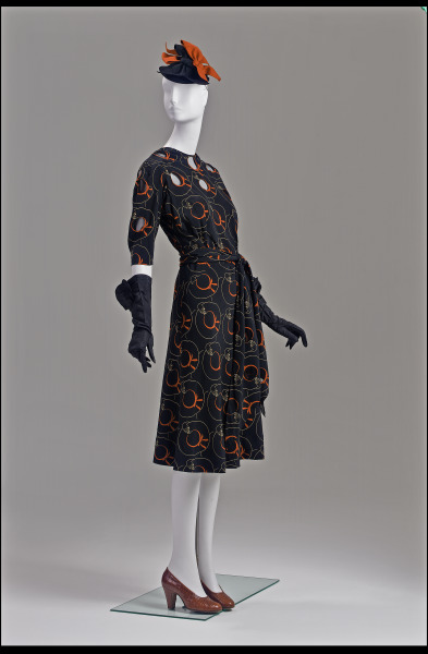 Black silk taffeta dress printed with the pattern of hats