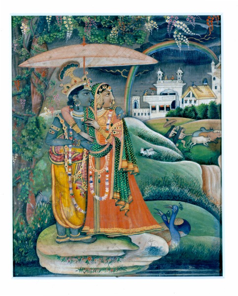 Krishna and Radha under umbrella (Krishna y Radha debajo de una sombrilla)