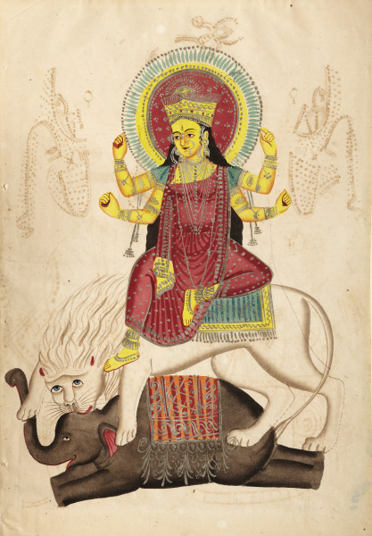 The Hindu goddess Durga riding a lion devouring an elephant demon (La diosa hindú Durga monta un león que devora un demonio elefante)