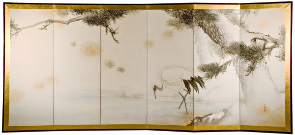 Cranes and Pines (one of a pair of 6-fold screens) (Grullas y pinos [uno de un par de biombos de 6 paneles])